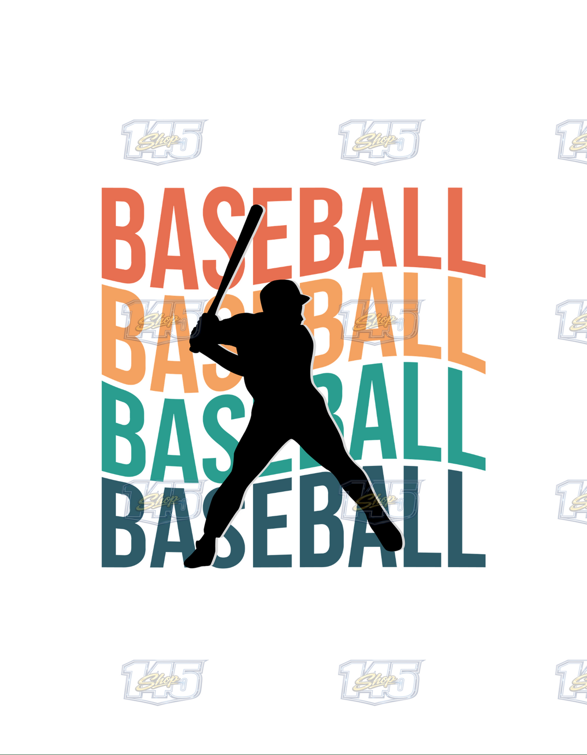 A graphic design featuring the word 'BASEBALL' repeated vertically in coral, orange, teal, and dark blue, overlaid with a black silhouette of a baseball player holding a bat, on a solid white background.